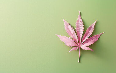 Fototapeta premium Top view of a single cannabis leaf lying on a flat pastel surface. A cannabis leaf lying on a green background with copy space. 