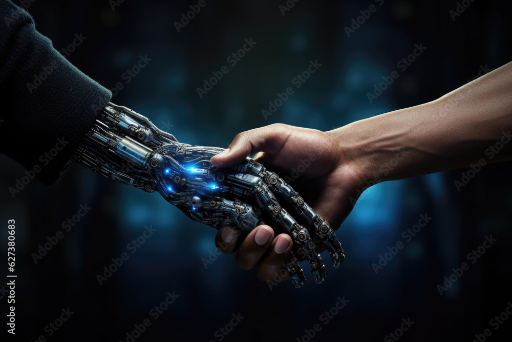 Aufkleber robotic and human arms interact with each other. handshake between human and artificial intelligence