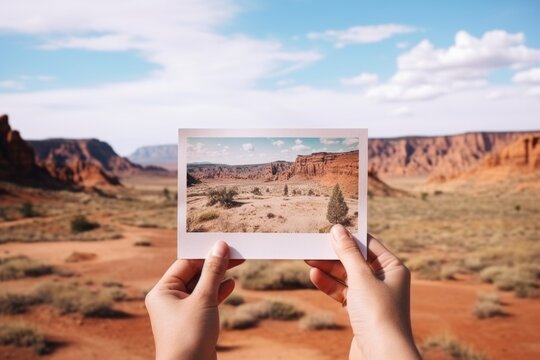 Close up hands unrecognizable experienced traveler tourist holding postcard photo image exact place sightseeing natural landscapes nature sandy desert sand mountains memories vacation tourism picture
