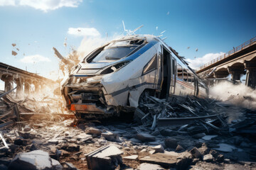 Fototapeta premium Accident of a high-speed train collided at the railroad generative ai