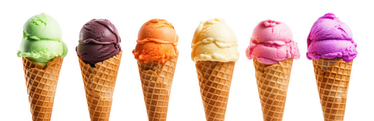variety flavor colorful ice cream balls in waffle cones on transparent background. generative AI