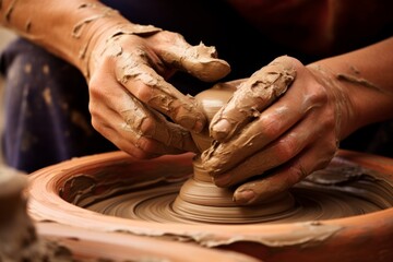 Close up human arms palms unrecognizable male female pottery master hands sculpt vase pot jug experienced workshop artist handcrafting clay ceramics artwork hobby art therapy small business ceramic - obrazy, fototapety, plakaty