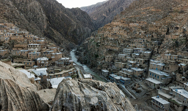 View of a river flowing through a mountain village in the Zagros Mountains; Kermanshah, Iran