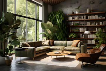 A modern and cosy living room full of nature green plants - Home design theme