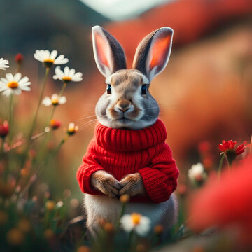 Um coelho vestindo um su&eacute;ter vermelho, paisagem natural, flor.