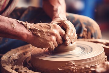 Close up human arms palms unrecognizable male female pottery master hands sculpt vase pot jug experienced workshop artist handcrafting clay ceramics artwork hobby art therapy small business ceramic