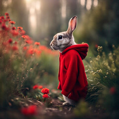  Um coelho vestindo um suéter vermelho, capuz, natureza, flor. - obrazy, fototapety, plakaty