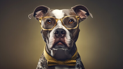 Cute merle pitbull with glasses in front of studio background.