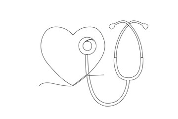 A stethoscope checks heart health. World heart day one-line drawing