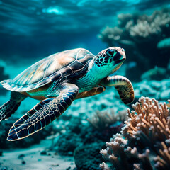 imagem de um paraíso subaquático, com recifes de corais coloridos e água azul cristalina. Inclua uma majestosa tartaruga marinha nadando graciosamente.