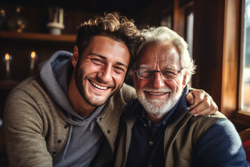 Adult hipster son fun hugging old senior father at home, two generations have a beard talking together and relaxing with smile, 2 man happy enjoy to living at home in father's day , generative ai