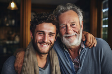 Adult hipster son fun hugging old senior father at home, two generations have a beard talking together and relaxing with smile, 2 man happy enjoy to living at home in father's day.generative ai - obrazy, fototapety, plakaty