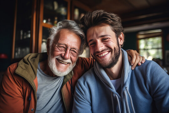 Adult hipster son fun hugging old senior father at home, two generations have a beard talking together and relaxing with smile, 2 man happy enjoy to living at home in father's day.generative ai