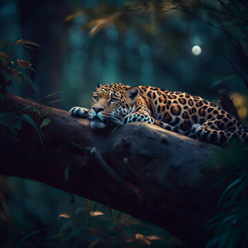 On&ccedil;a-pintada descansando em um grande galho na floresta