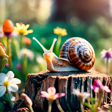 Grande caracol com uma concha rastejando em um toco na manh&atilde; de primavera no jardim, flores.
