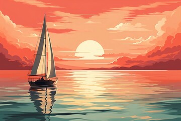 Obraz na płótnie Canvas Serenity Sail: Nostalgic Sunset in Retro Style