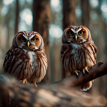 Photo two brown owls with angry expressions rest on a large branch in the forest.