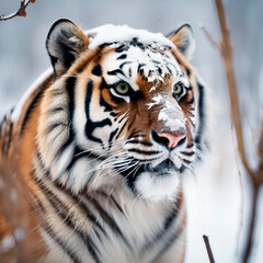 Siberian tiger with snow on its head.
