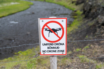 Icelandic sign in English - No Drone Zone, drones are not allowed