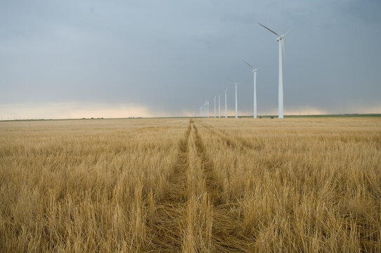 Wind turbines line the edge of a farm field in southwest Kansas; Liberal, Kansas, United States of America