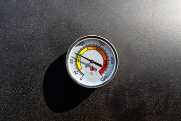 A round thermometer showing 70 degrees Celsius placed on a charcoal grill.