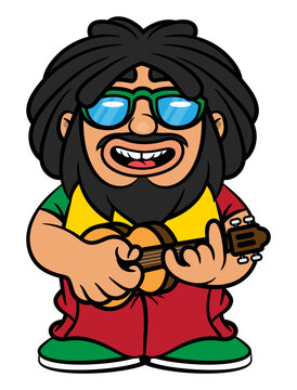 Dreadlocks men with beard wearing sunglasses and playing Reggae music with classic guitar. Best for sticker, logo, and mascot with Rastafarian themes