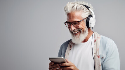Senior man with modern headphones dancing, singing at home, choosing favorite energetic disco music in mobile application on a gray background with copy space