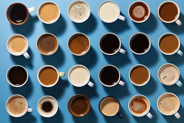 Obraz na płótnie Canvas Top view of different mugs with assorted coffee varieties isolated on pastel blue background. Wallpaper with a variety of coffee drinks in mugs. 3d render illustration style. 