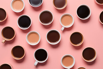 Obraz premium Top view of different mugs with assorted coffee varieties isolated on pastel pink background. Wallpaper with a variety of coffee drinks in mugs. 3d render illustration style. 