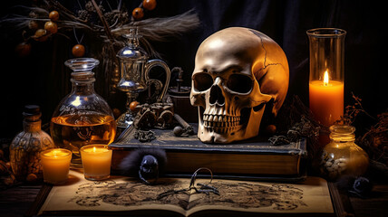 A skull sitting on a spell book in a Gothic environment | Halloween concept - obrazy, fototapety, plakaty