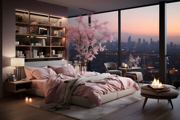 Romantic bedroom with modern furniture. AI Generated