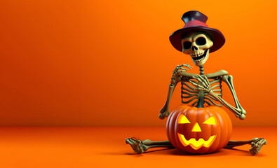 Skeleton with a pumpkin on an orange background, Halloween 1