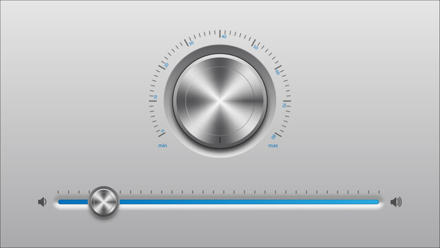 Dial Knob Electronic Equipment Music Control Part. Min And Max Sound Level Dial Knob Controller With Circular Processing. Technology volume dial on grey background. Metallic volume adjustment levels.