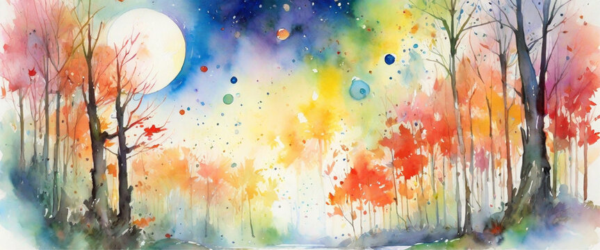 Fantastic oil painting big planet moon over the night city. Starry sky, beautiful pink purple sunset