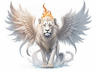 Ai generated illustration shaded tattoo style white lion with wings with the elements fire nature