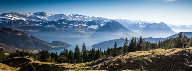 Amazing view of Lucerne lake (Vierwaldstattersee), Bürgenstock and mountain Pilatus from Rigi,...
