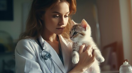 female vet examining a kitten with stethoscope in vet clinic. stock photo 
