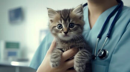 female vet examining a kitten with stethoscope in vet clinic. stock photo 