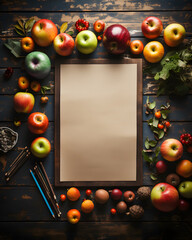Top view apples and pears with copy space on brown notebook on vertical gray wooden background