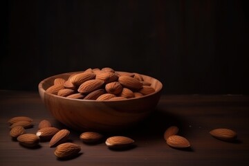 Almonds in a bowl on wooden background, healthy foods concept generative ai