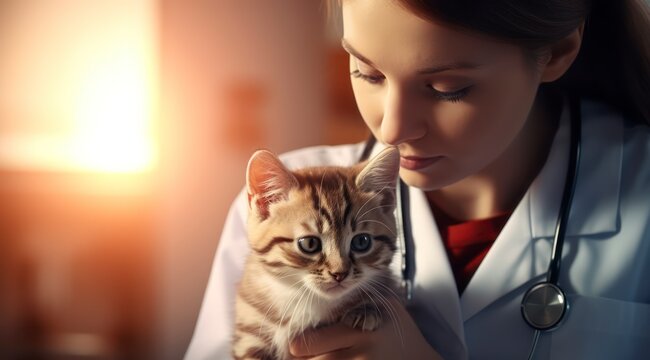 female vet examining a kitten with stethoscope in vet clinic. stock photo 