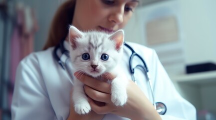 female vet examining a kitten with stethoscope in vet clinic. stock photo 