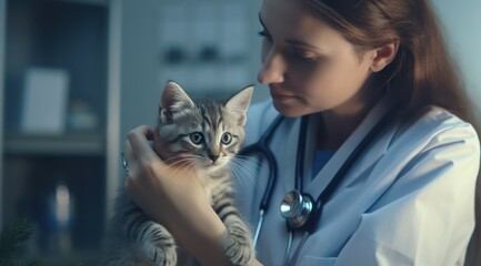 female vet examining a kitten with stethoscope in vet clinic. stock photo 