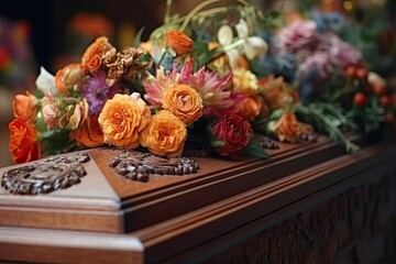 Obraz na płótnie Canvas Wooden coffin with a fresh and elegant floral arrangement.