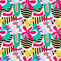 Seamless pattern with abstract stripe elements geometric and plant forms.  Green, Pink, Yellow, 
blue color.  For the design of fabric, wrapping paper, wallpaper, etc.