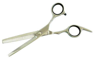 Metal hairdressing scissors on white background.