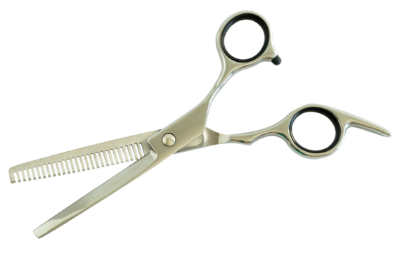 Metal hairdressing scissors on white background.