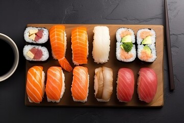 An exquisite Japanese sushi platter of fresh seafood such as salmon, tuna and shrimp wrapped with rice and nori.