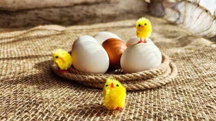 Toy little chickens next to real eggs. The concept of an incubator, dietary, ecological nutrition, village life, natural products. Traditional Christian Holiday of Easter, kindness, tenderness
