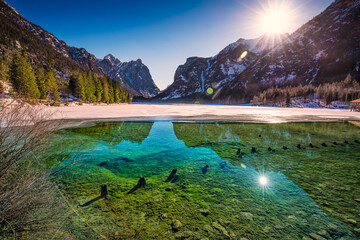 Lago di Dobbiaco (Toblacher See) lake in Dolomites, Toblach, South Tyrol, Italy, Europe. 